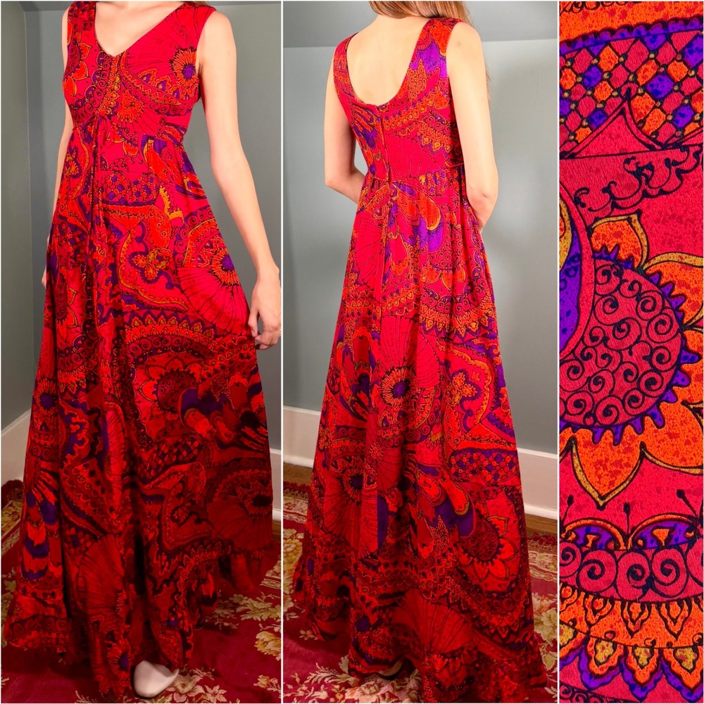 Vintage 1970s Hawaiian Maxi Dress 70s Barkcloth Floral Day-Glo Psychedelic 60s
